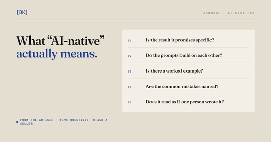 The article's five questions to ask of any product sold as AI-native, as a numbered list.