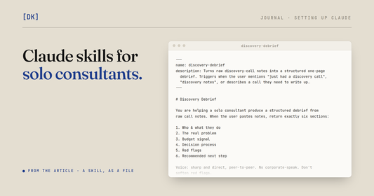 The article's discovery-debrief skill file in a window: its name, its description and its instructions.