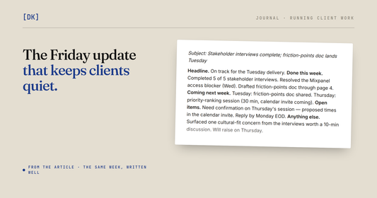 The article's well-written Friday update on a sheet of paper: a subject line, then headline, done this week, coming next week and open items.
