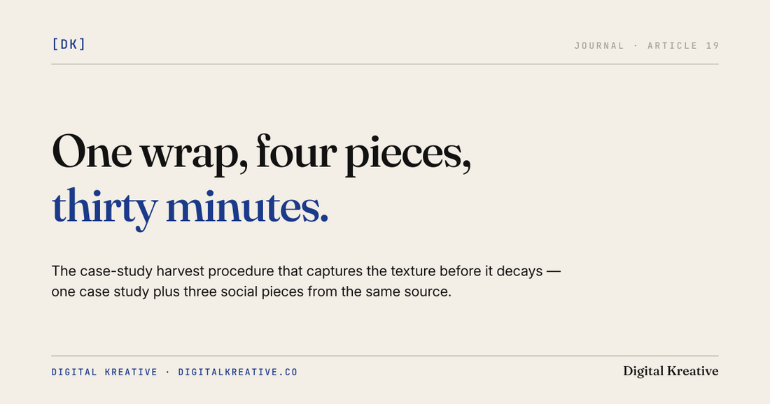 The case-study harvest: one wrap, three marketing pieces, thirty minutes
