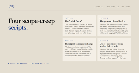 The article's four scope-creep scripts as cards, from the quick favour to creep on a stalled deliverable, each with the reply to send.