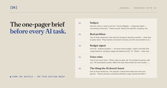 The article's five-section brief, each section with its length and an example line from the Acme Widgets brief.
