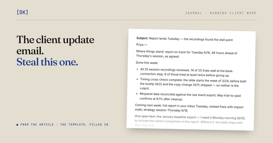 The article's filled-in client update email on a sheet of paper: subject line, where things stand, done this week, coming next week and one open item.