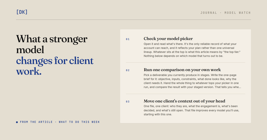 The article's three things to do this week: check your model picker, run one comparison on your own work, and move one client's context into a file.