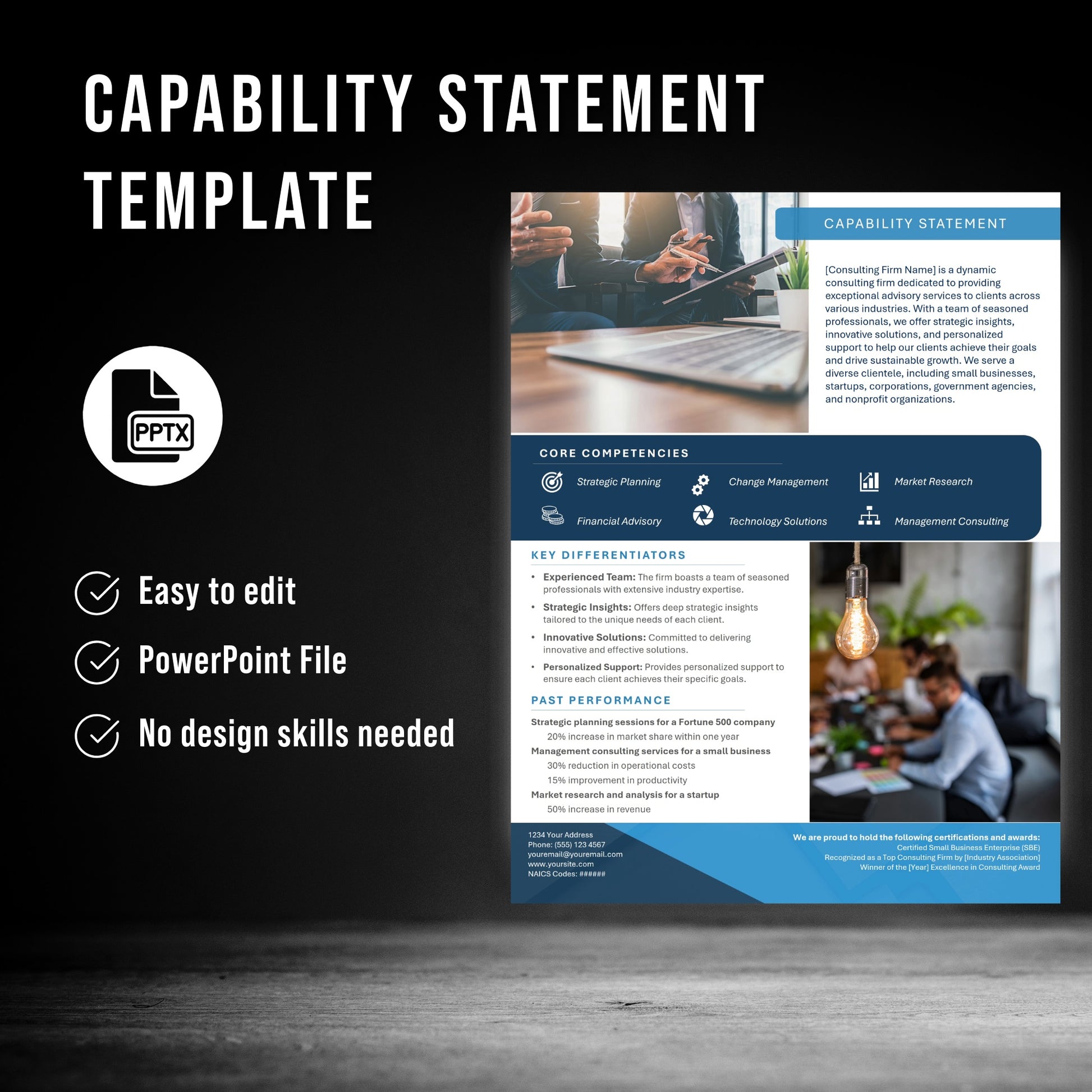 Professional capability statement PowerPoint template with light blue two-tone design showing company overview, key differentiators, and past performance sections
