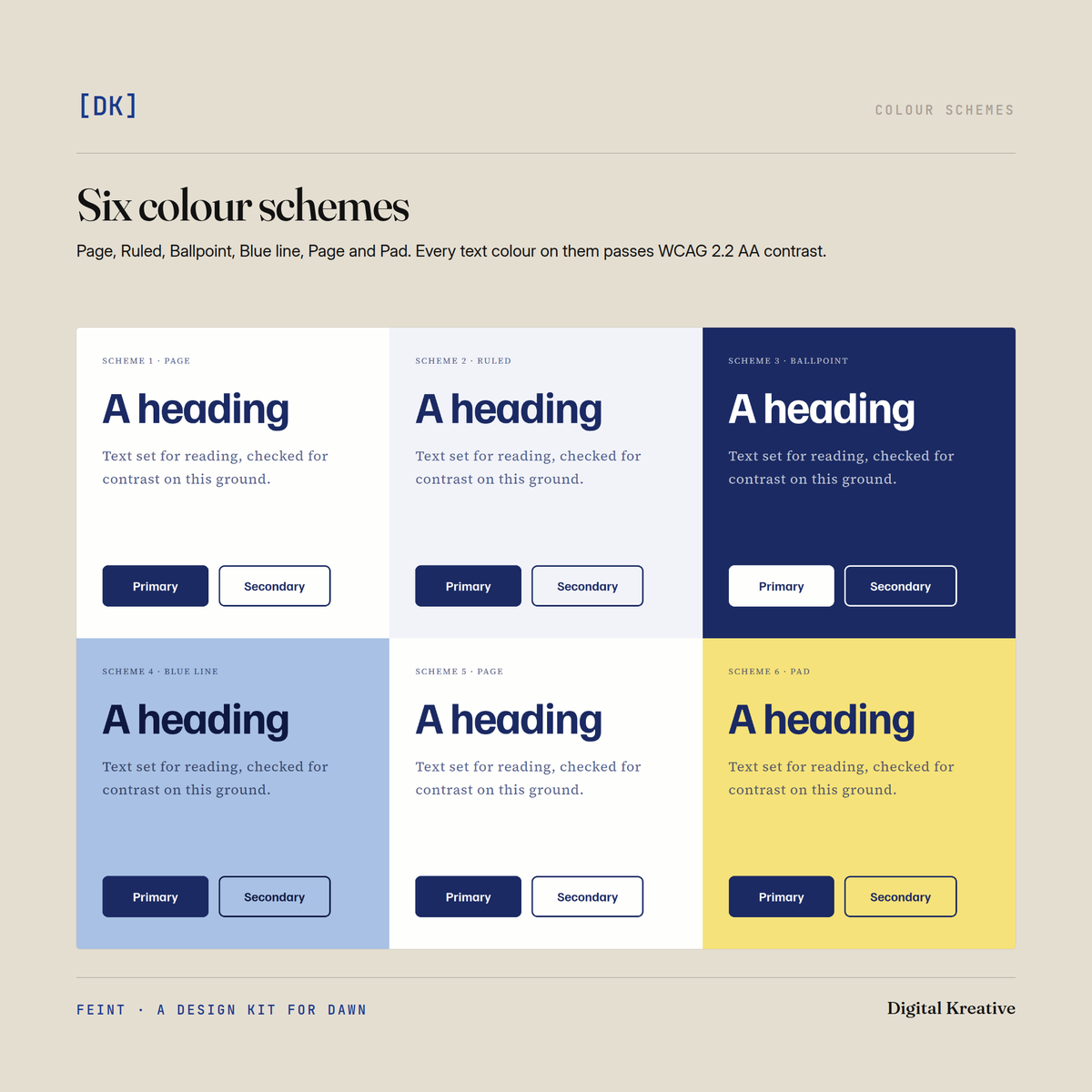 Feint's six colour schemes, Page, Ruled, Ballpoint, Blue line, Page and Pad, each with a heading, text and buttons.