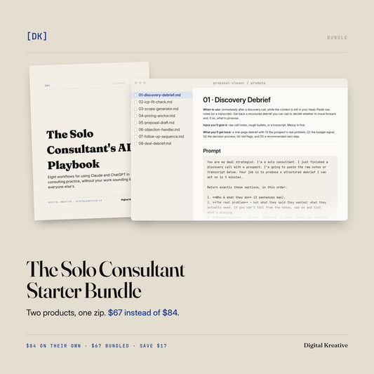 The Solo Consultant Starter Bundle: the AI Playbook and the Proposal-Closer prompt pack together.