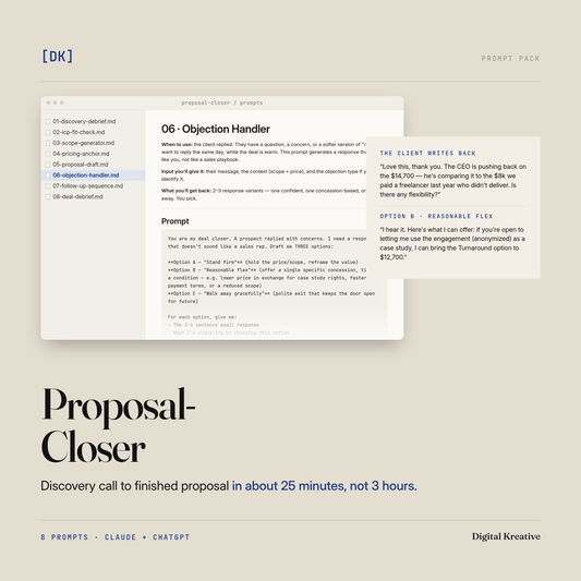 The Proposal-Closer prompt pack: its eight prompts open on the Objection Handler, beside a client's pushback on price and the reply it drafts.