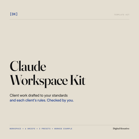 Claude Workspace Kit cover: client work drafted to your standards and each client's rules, checked by you