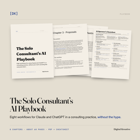 The Solo Consultant's AI Playbook: its cover and two chapter openers, with the one-page AI Operator's Cheatsheet.