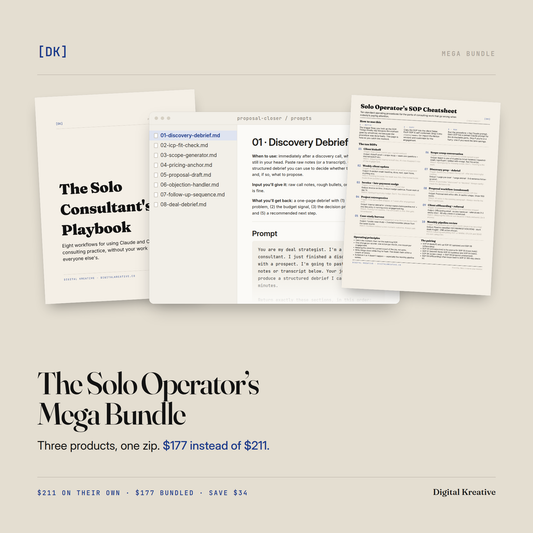 The Solo Operator's Mega Bundle: the AI Playbook, the Proposal-Closer prompt pack and the SOP Bundle together.