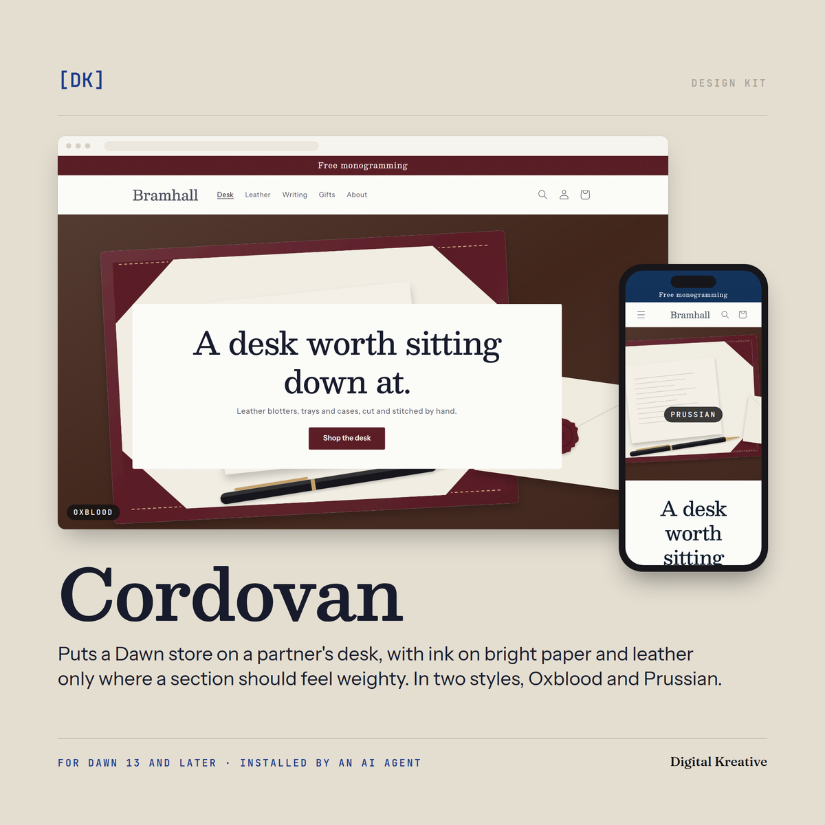 The Cordovan design kit on a Dawn store: the Oxblood style on a desktop browser and the Prussian style on a phone.
