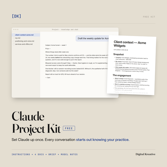 The free Claude Project Kit: a Project's knowledge files beside a chat in which a six-word request gets a finished client update.