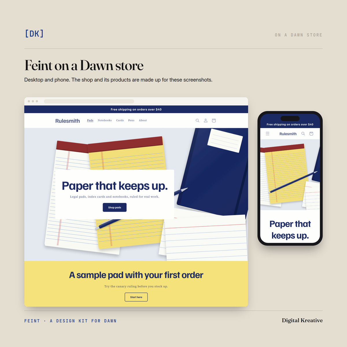 A Dawn store's homepage in Feint, on a desktop browser and a phone, dressed as an illustrative stationery shop.