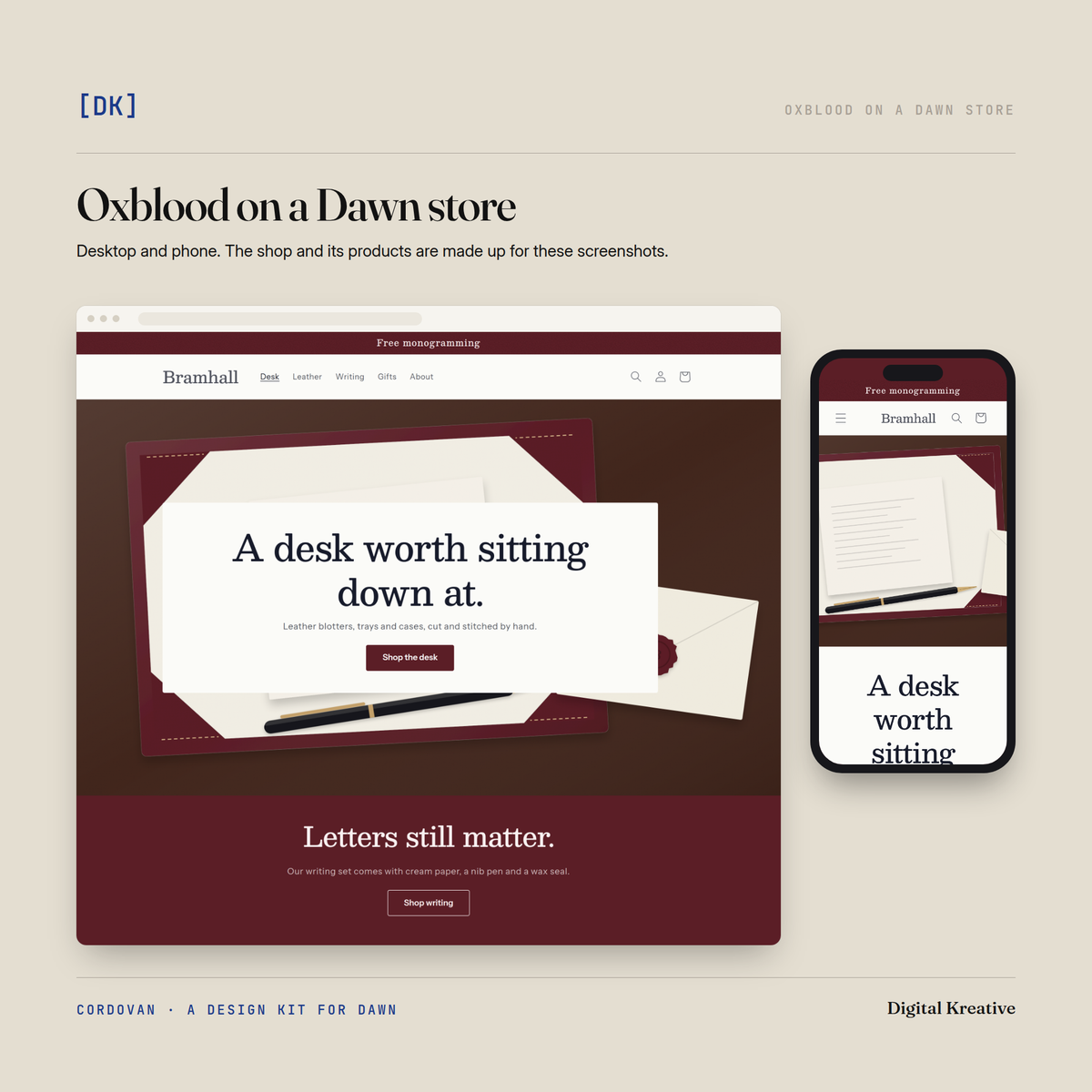 A Dawn store's homepage in Cordovan's Oxblood style, on a desktop browser and a phone, dressed as an illustrative leather-goods shop.