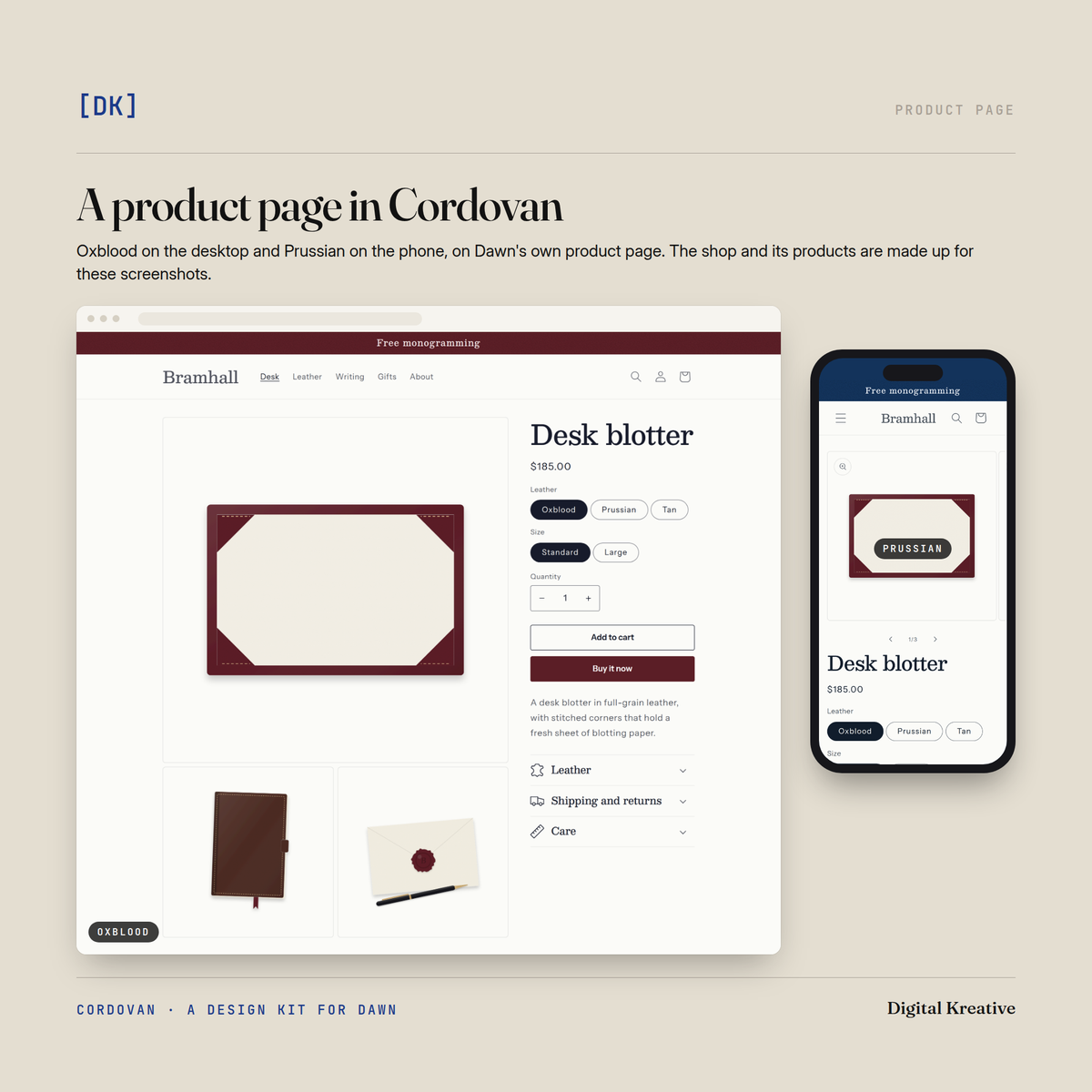 A Dawn product page in Cordovan, Oxblood on a desktop browser and Prussian on a phone, with option buttons, quantity and Add to cart.