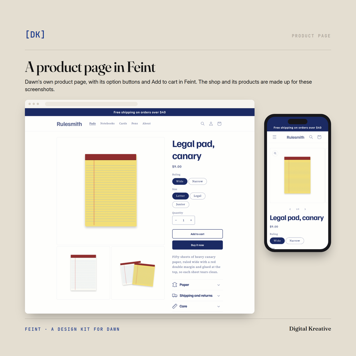 A Dawn product page in Feint, with option buttons, quantity and Add to cart, on a desktop browser and a phone.