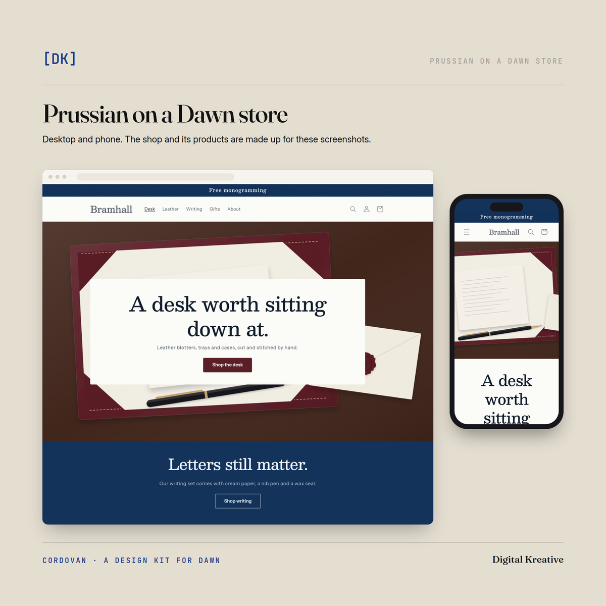 A Dawn store's homepage in Cordovan's Prussian style, on a desktop browser and a phone, dressed as an illustrative leather-goods shop.