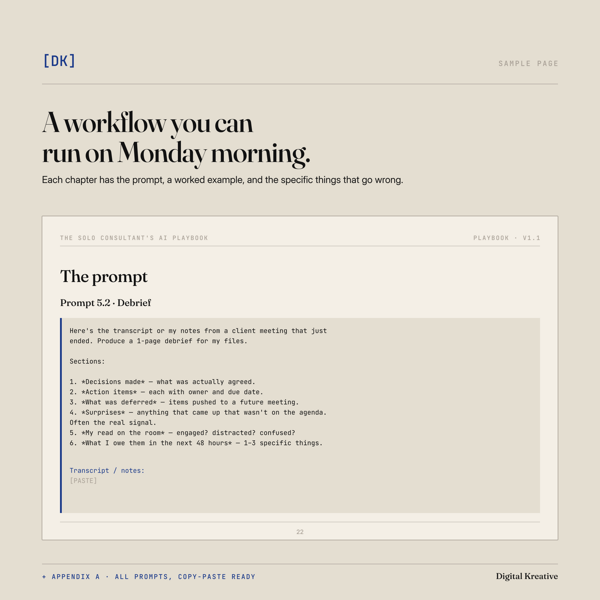Sample page: prompt 5.2, the meeting debrief