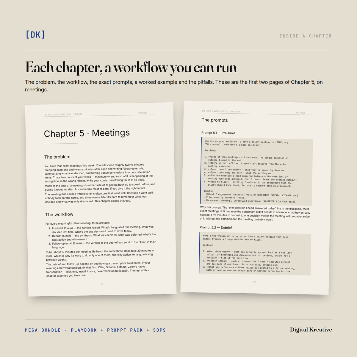 Two pages from Chapter 5 of the Solo Consultant's AI Playbook: the chapter opener on meetings and the page of prompts that follows. Part of this bundle.