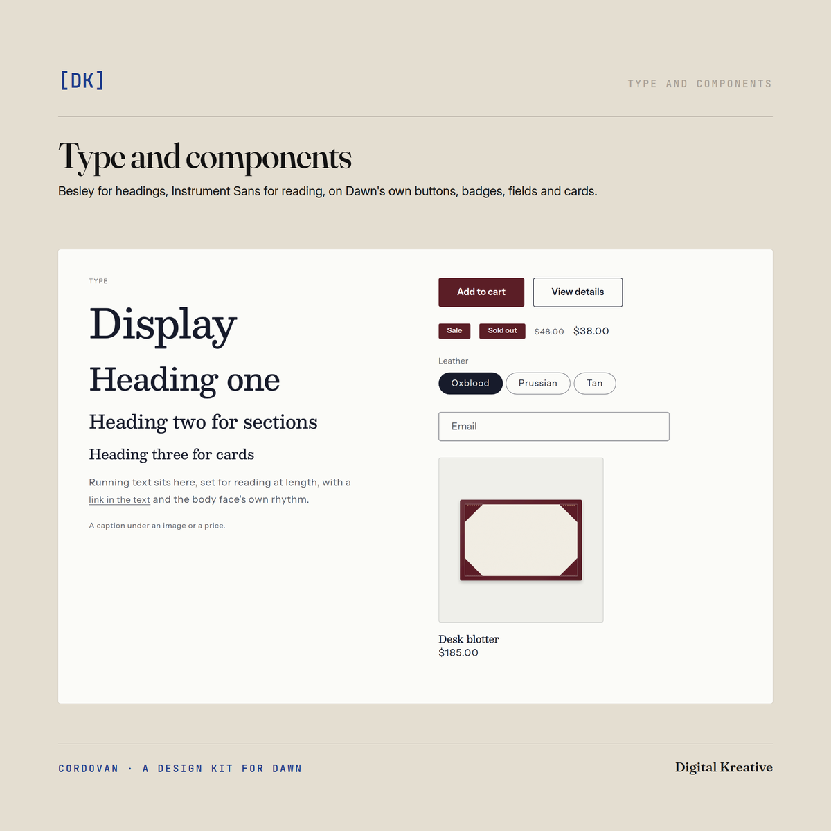 Cordovan's type and components in the Oxblood style: Besley headings and Instrument Sans text beside buttons, badges, a sale price, option buttons, an email field and a product card.