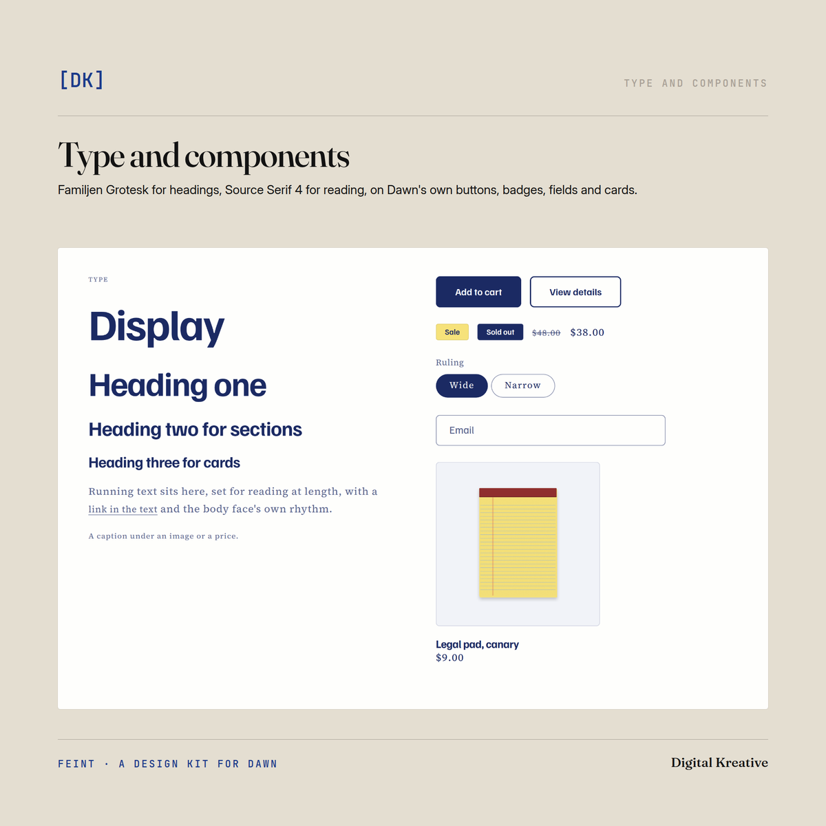 Feint's type and components: Familjen Grotesk headings and Source Serif 4 text beside buttons, badges, a sale price, option buttons, an email field and a product card.
