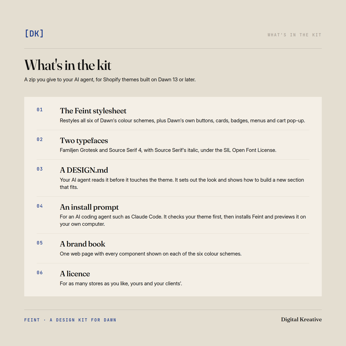 What's in the Feint kit: a stylesheet for Dawn, two typefaces, a DESIGN.md, an install prompt, a brand book and a licence.