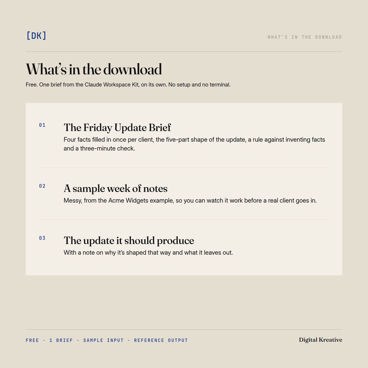 What's in the free Friday Update Brief download: the brief, a sample week of notes and the update it should produce.