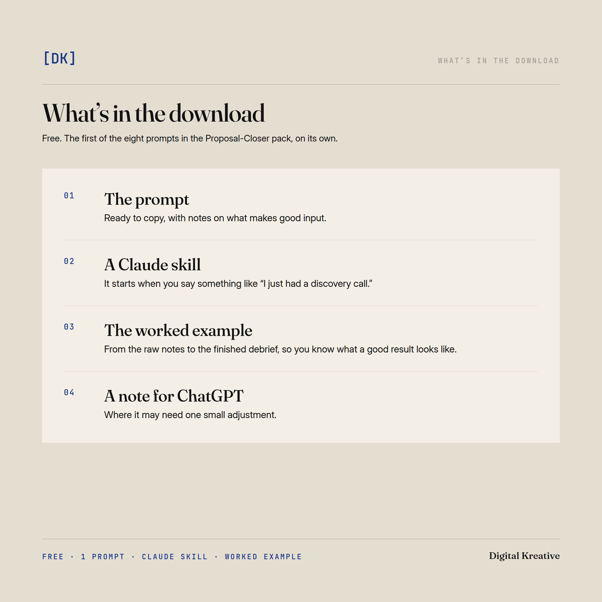 What's in the free Discovery Debrief download: the prompt, a Claude skill, the worked example and a note for ChatGPT.